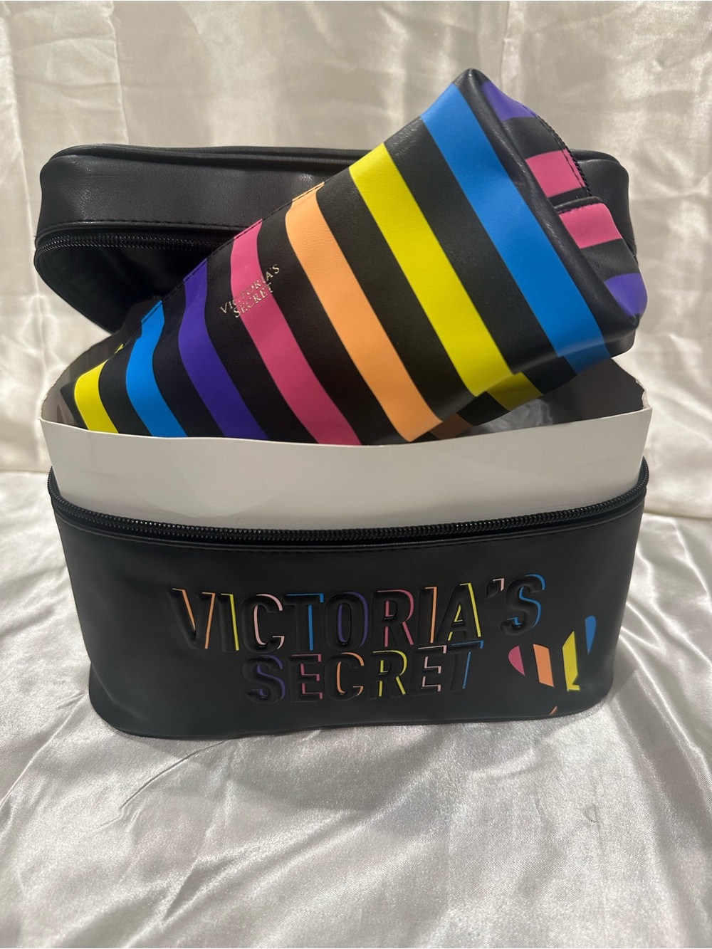 Victoria's Secret Black Cosmetic Train Case with Rainbow Stripe Pouch